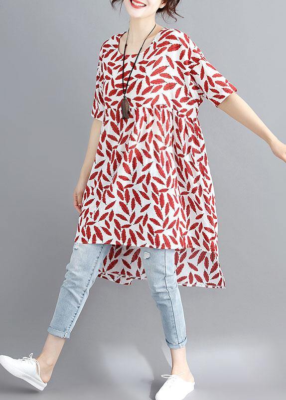 Women red print linen cotton o neck asymmetric summer Dress - bagstylebliss