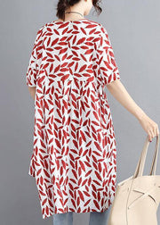 Women red print linen cotton o neck asymmetric summer Dress - bagstylebliss