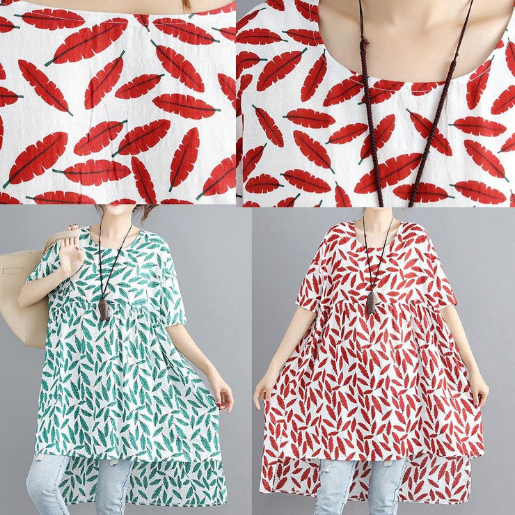 Women red print linen cotton o neck asymmetric summer Dress - bagstylebliss