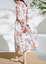 Women red print linen dress v neck tie waist loose Dress - bagstylebliss