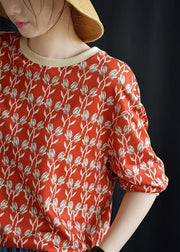 Women red prints blended linen tops women o neck Plus Size Clothing fall tops - bagstylebliss