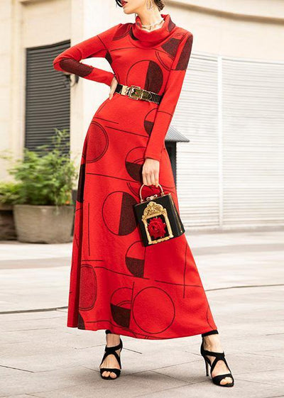 Women red prints cotton clothes For Women high neck Art big hem Dress - bagstylebliss