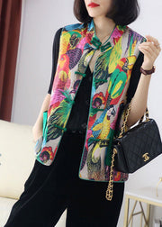 Women retro Print Pockets Button Fall Sleeveless Vest