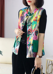 Women retro Print Pockets Button Fall Sleeveless Vest