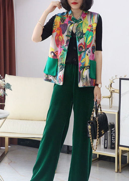 Women retro Print Pockets Button Fall Sleeveless Vest