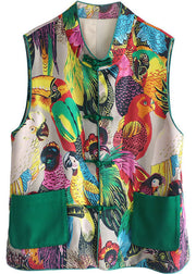 Women retro Print Pockets Button Fall Sleeveless Vest