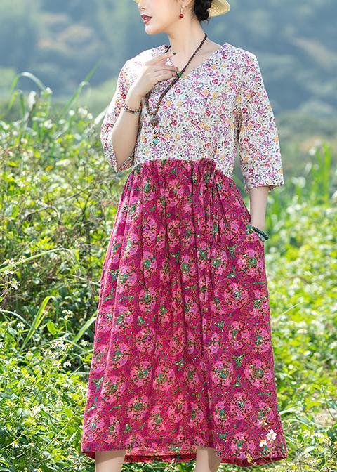 Women rose floral Cotton quilting dresses v neck Art summer Dresses - bagstylebliss