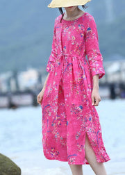 Women rose linen Long Shirts drawstring long prints Dress - bagstylebliss