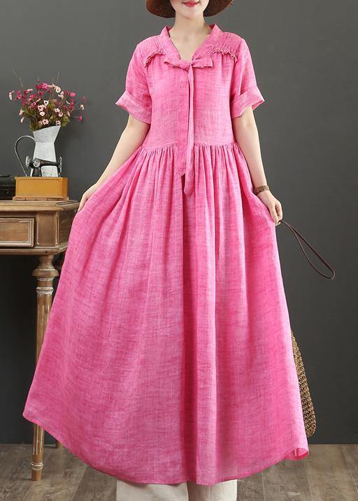 Women rose linen cotton clothes For Women v neck Bow Art summer Dress - bagstylebliss