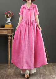 Women rose linen cotton clothes For Women v neck Bow Art summer Dress - bagstylebliss