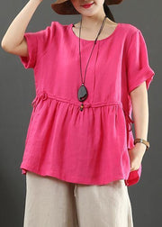 Women rose linen linen tops o neck Plus Size Clothing summer shirts - bagstylebliss