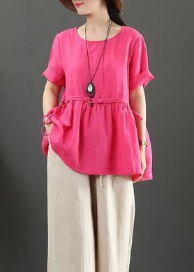 Women rose linen linen tops o neck Plus Size Clothing summer shirts - bagstylebliss