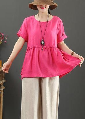 Women rose linen linen tops o neck Plus Size Clothing summer shirts - bagstylebliss