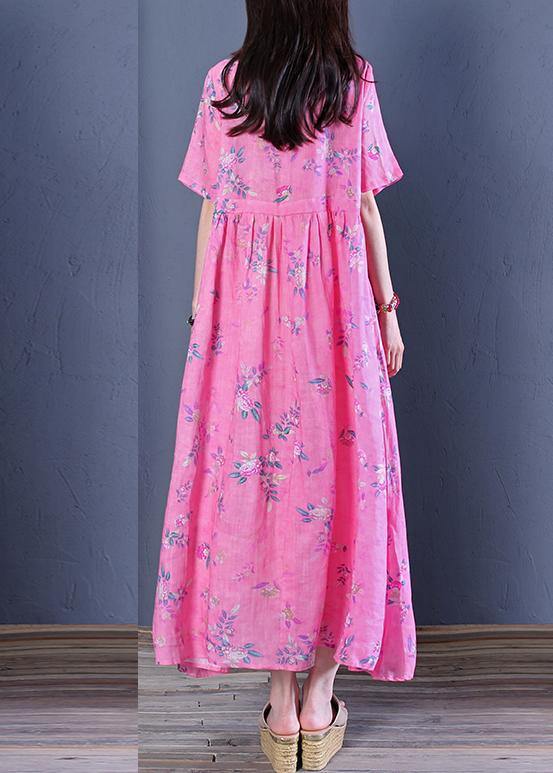 Women rose print chiffon Robes o neck Cinched Maxi Dresses - bagstylebliss