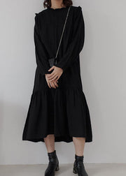 Women ruffles cotton stand collar tunics for women Photography black loose Dress - bagstylebliss