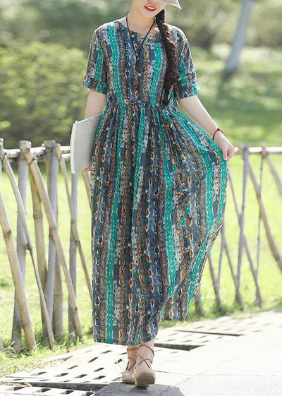 Women short sleeve linen prints dresses pattern green Traveling Dress summer - bagstylebliss