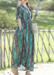 Women short sleeve linen prints dresses pattern green Traveling Dress summer - bagstylebliss