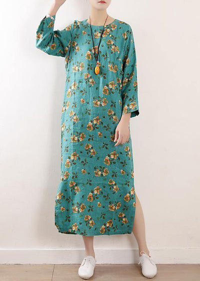 Women side open linen clothes For Women Shape blue floral Dress summer - bagstylebliss