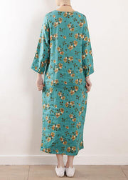 Women side open linen clothes For Women Shape blue floral Dress summer - bagstylebliss