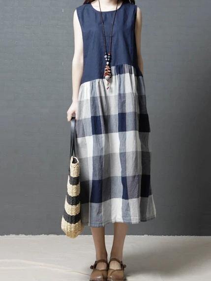 Women sleeveless linen clothes For Wardrobes blue patchwork Plaid Dresses - bagstylebliss