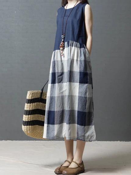 Women sleeveless linen clothes For Wardrobes blue patchwork Plaid Dresses - bagstylebliss