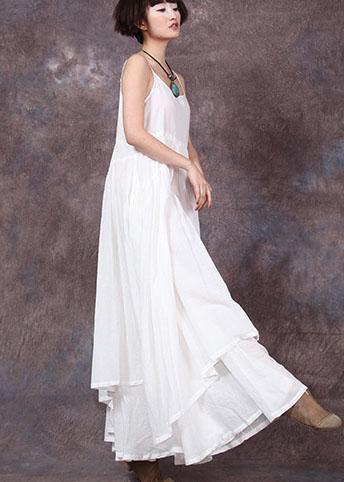 Women sleeveless linen dresses Sewing white asymmetric hem Dresses summer - bagstylebliss