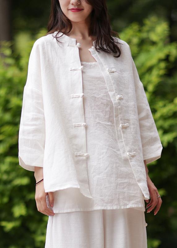 Women stand collar Chinese Button cotton Blouse white silhouette blouse - bagstylebliss