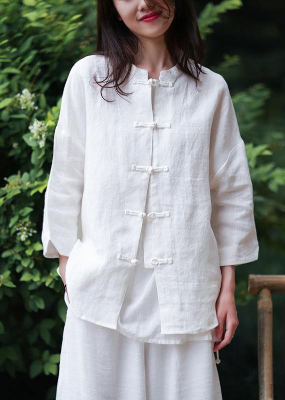 Women stand collar Chinese Button cotton Blouse white silhouette blouse - bagstylebliss