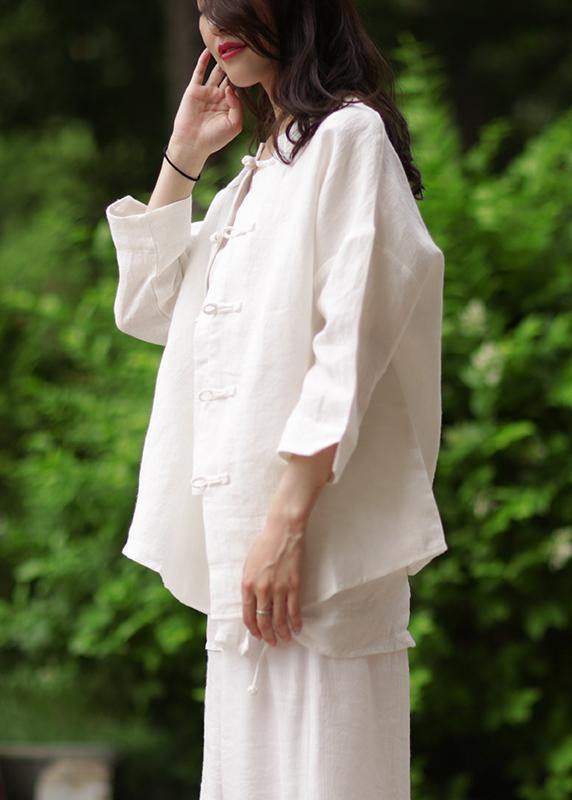 Women stand collar Chinese Button cotton Blouse white silhouette blouse - bagstylebliss