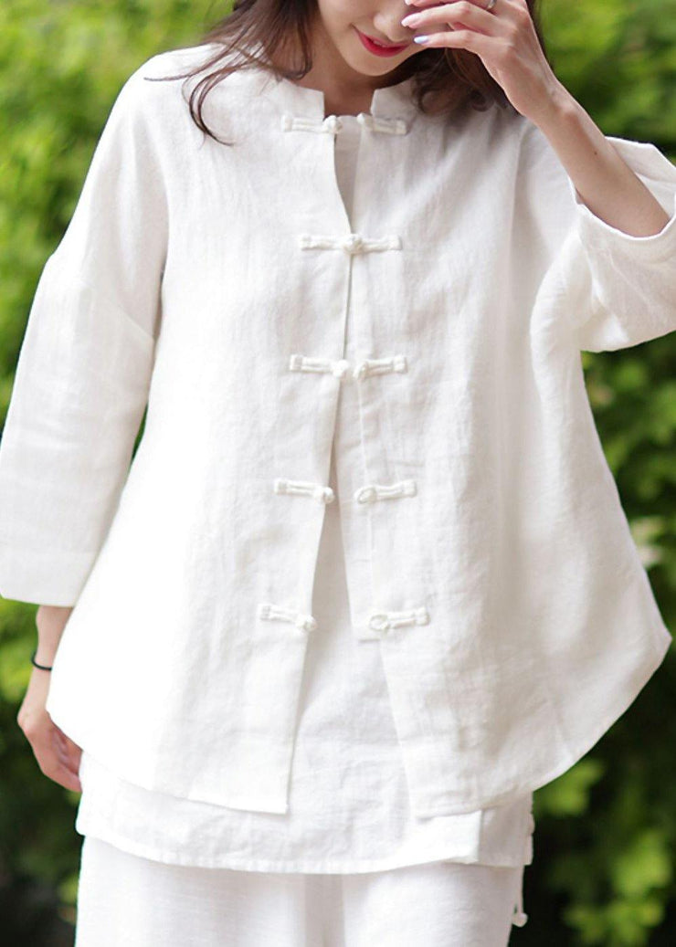 Women stand collar Chinese Button cotton Blouse white silhouette blouse - bagstylebliss