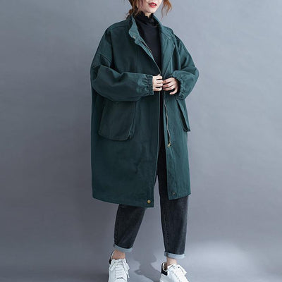 Women stand collar Large pockets Plus Size maxi coat green Midi coat - bagstylebliss