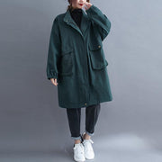 Women stand collar Large pockets Plus Size maxi coat green Midi coat - bagstylebliss