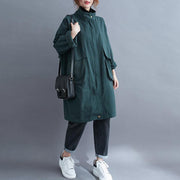 Women stand collar Large pockets Plus Size maxi coat green Midi coat - bagstylebliss