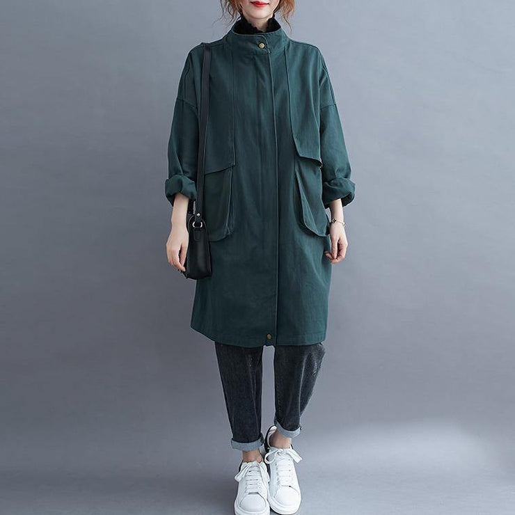 Women stand collar Large pockets Plus Size maxi coat green Midi coat - bagstylebliss