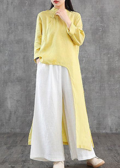 Women stand collar asymmetric linen Wardrobes Inspiration yellow Dress - bagstylebliss