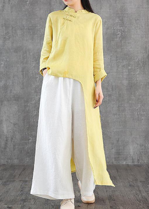 Women stand collar asymmetric linen Wardrobes Inspiration yellow Dress - bagstylebliss