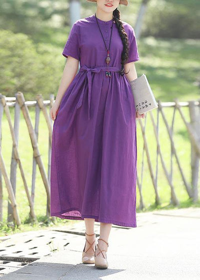 Women stand collar cotton dresses linen purple Dresses summer - bagstylebliss