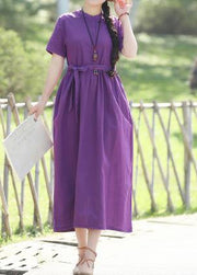 Women stand collar cotton dresses linen purple Dresses summer - bagstylebliss