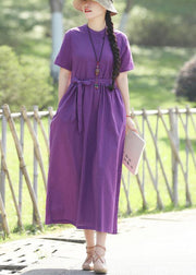 Women stand collar cotton dresses linen purple Dresses summer - bagstylebliss