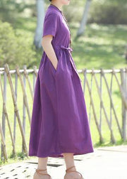 Women stand collar cotton dresses linen purple Dresses summer - bagstylebliss