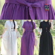 Women stand collar cotton dresses linen purple Dresses summer - bagstylebliss