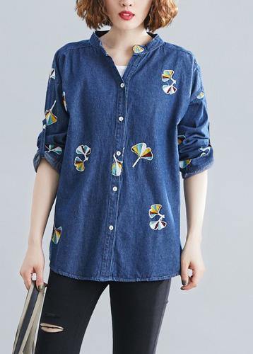 Women stand collar embroidery cotton spring clothes For Women Outfits dark blue blouse - bagstylebliss