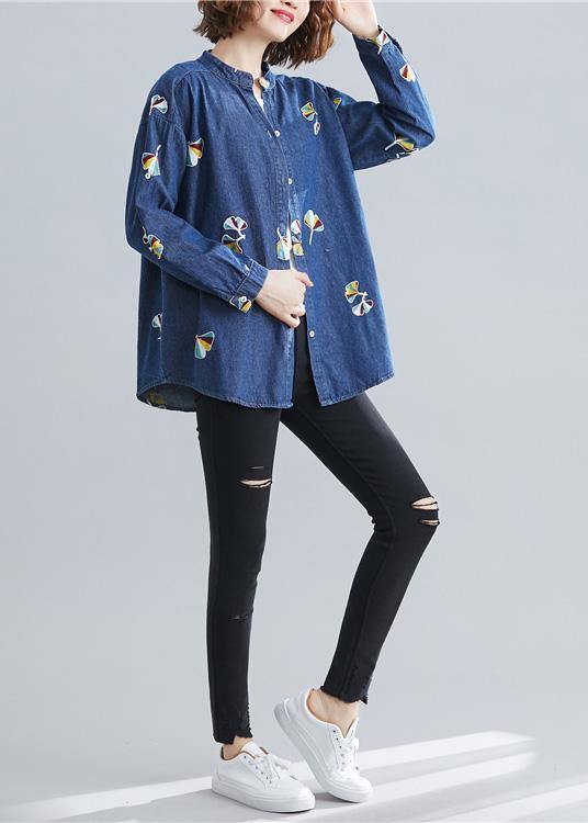 Women stand collar embroidery cotton spring clothes For Women Outfits dark blue blouse - bagstylebliss