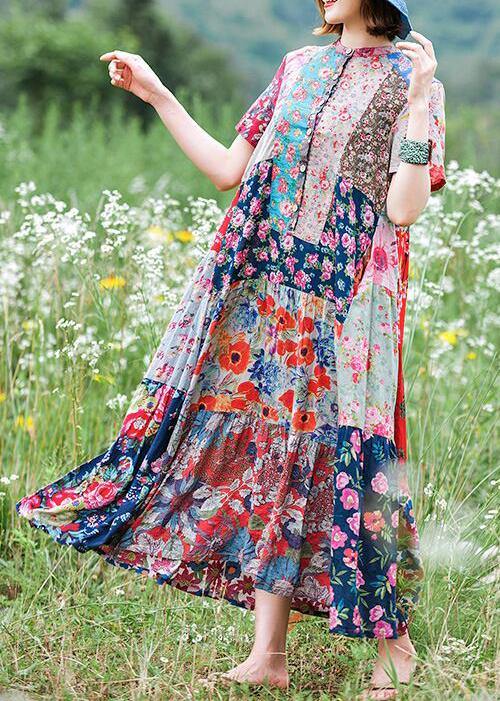 Women stand collar exra large hem cotton Tunics Runway floral Kaftan Dress - bagstylebliss