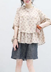 Women stand collar nude prints linen top silhouette design half sleeve blouses summer - bagstylebliss