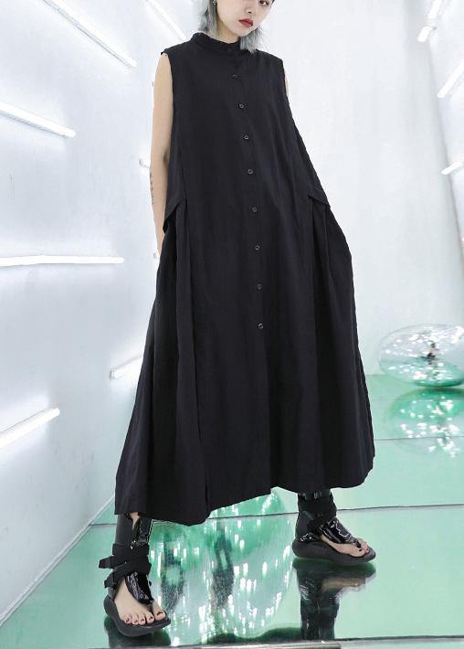 Women stand collar pockets cotton summer dresses Sewing black long Dresses - bagstylebliss