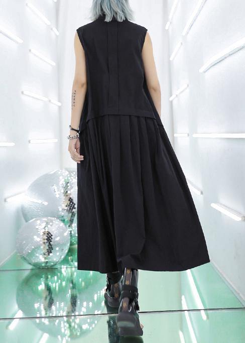 Women stand collar pockets cotton summer dresses Sewing black long Dresses - bagstylebliss