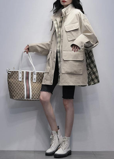 Women stand collar pockets  casual coats khaki patchwork plaid jackets - bagstylebliss