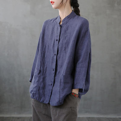 Women stand collar pockets tunics Sewing dark blue top - bagstylebliss