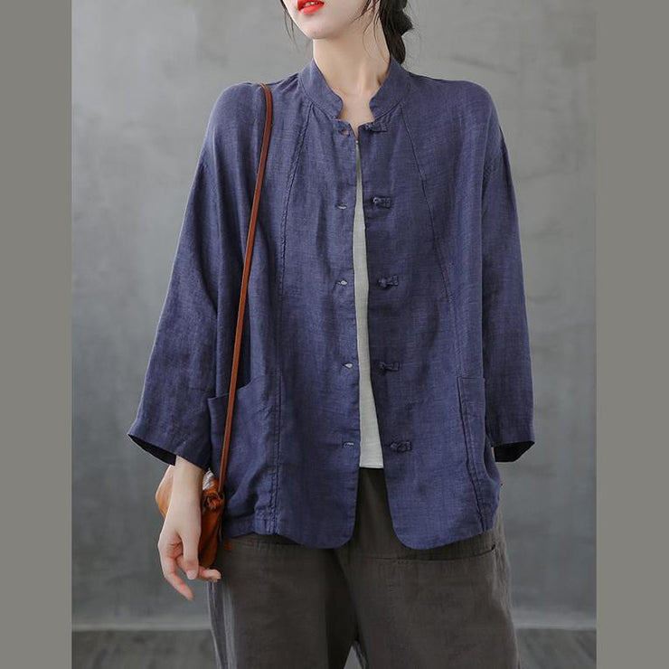 Women stand collar pockets tunics Sewing dark blue top - bagstylebliss